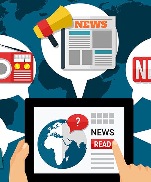 The image is a vibrant graphic representing various methods of news dissemination across the world. Central to the image is a tablet with a news application open, surrounded by speech bubbles containing icons for different news media: a newspaper, a radio, a magnifying glass over the word "NEWS," a television news anchor, and a smartphone showing a news alert. Each icon represents a traditional or modern facet of media, emphasizing the multi-channel nature of news distribution. The background features a stylized world map, suggesting the global reach of these communication channels.