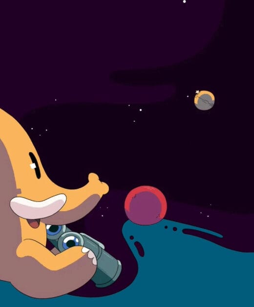 A whimsical illustration depicts a golden brown, cartoon-style, anthropomorphic elephant in space, with a sizable, friendly grin, peering through a set of gray and blue binoculars. Off to the right is a stylized, small planet or moon, complete with a ring, suggesting a nod to Saturn. The scene is set against a deep purple cosmic backdrop, peppered with stars and adorned with swirls of a nebula in shades of blue and pink, evoking a sense of playful exploration—akin to the community-driven discovery on Mastodon's social platform.