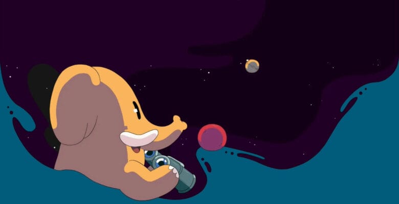 A whimsical illustration depicts a golden brown, cartoon-style, anthropomorphic elephant in space, with a sizable, friendly grin, peering through a set of gray and blue binoculars. Off to the right is a stylized, small planet or moon, complete with a ring, suggesting a nod to Saturn. The scene is set against a deep purple cosmic backdrop, peppered with stars and adorned with swirls of a nebula in shades of blue and pink, evoking a sense of playful exploration—akin to the community-driven discovery on Mastodon's social platform.
