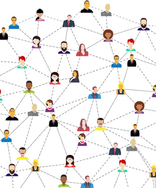 The image depicts a network of diverse individuals represented by simplified figures, each connected by lines, creating a web-like structure. It appears to be a visual metaphor for a community or a social network, illustrating how people are connected to one another, symbolizing relationships, communication, cooperation, or the exchange of ideas. The variety of characters suggests inclusivity and diversity within this network, aligning with principles like solidarity, collaboration, and social interconnectedness. This image could represent a solidarity economy’s network, where different actors work together towards common goals of social equity and mutual support.